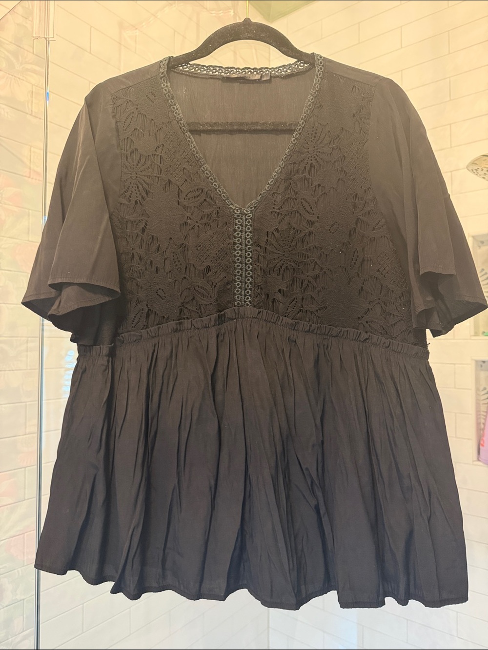 Women’s Black Crochet Yoke Peplum Top